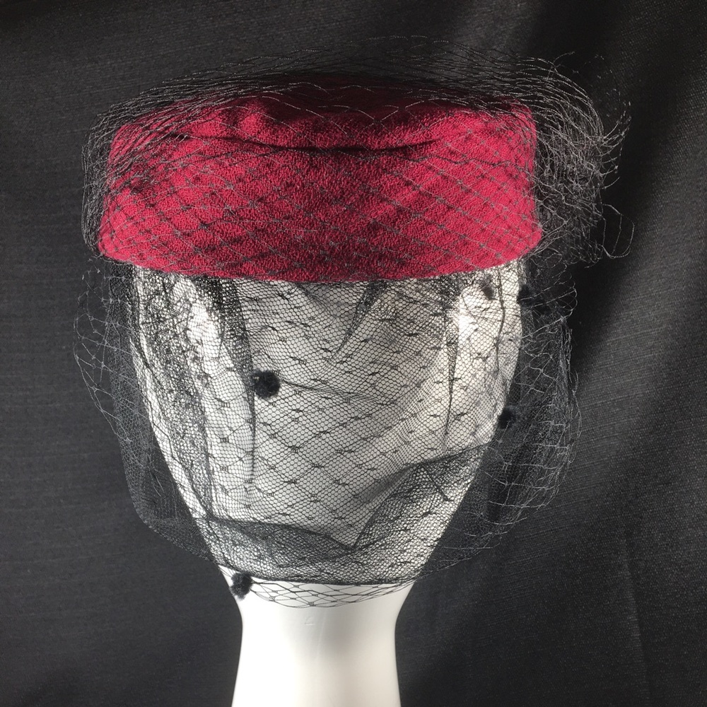 Vintage Burgundy Pillbox Hat w/ Black Veil